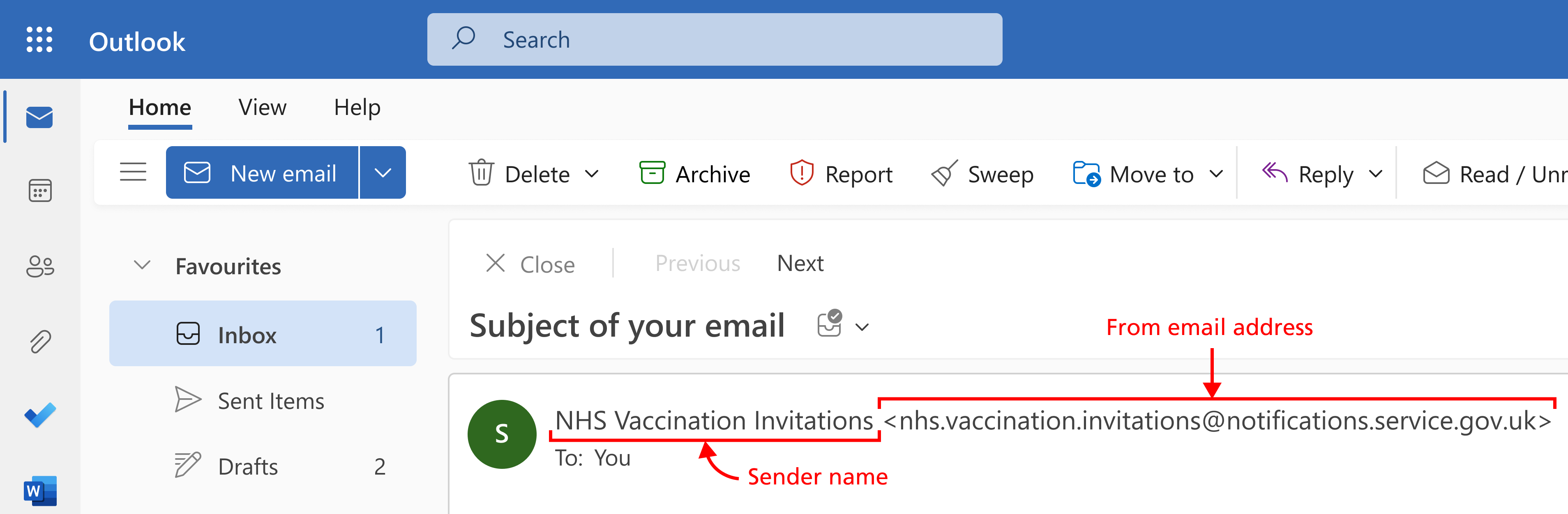 A screenshot of an email inbox showing where the email sender name and from email address will appear.
