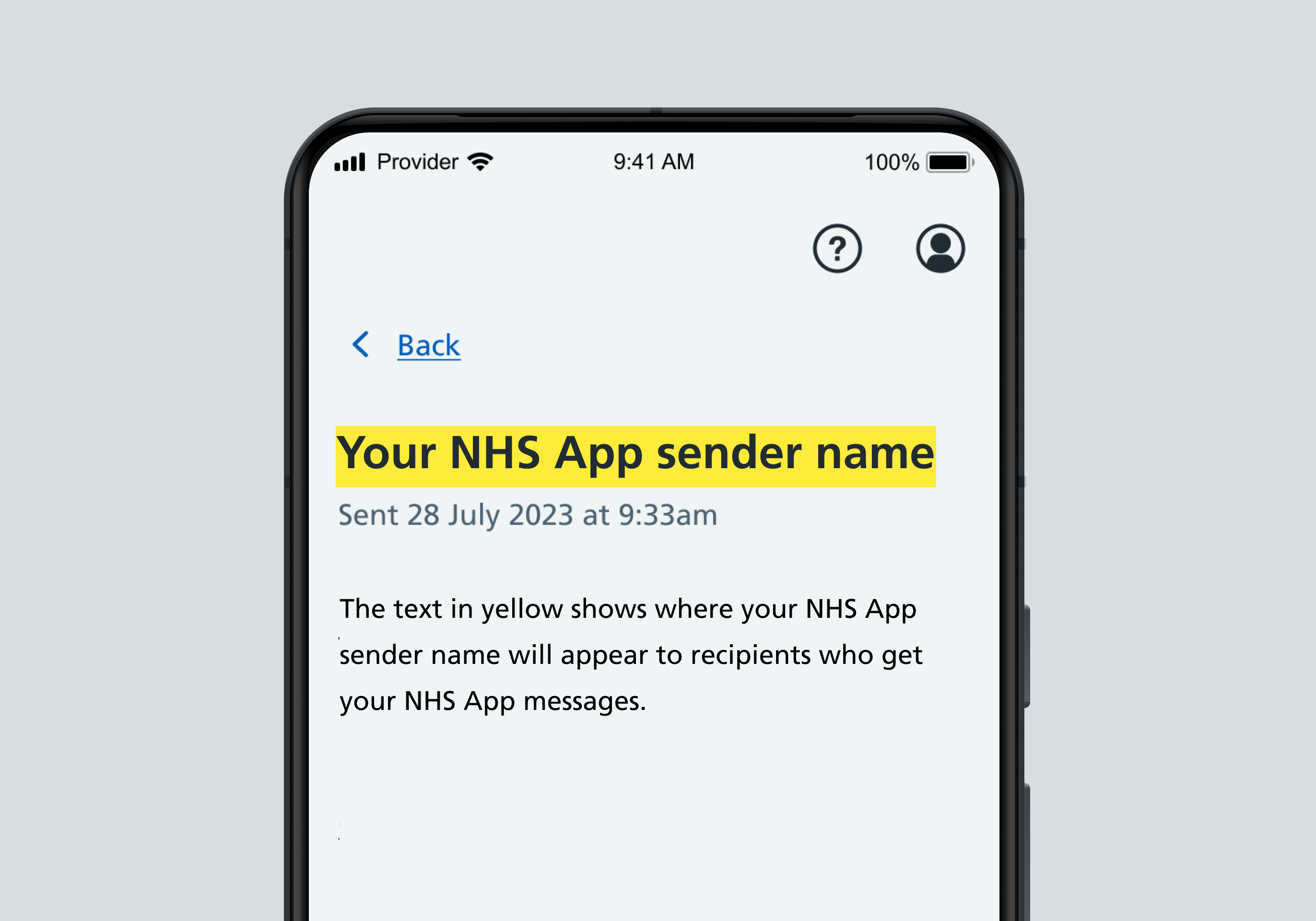 A screenshot of a mobile with an NHS App message open showing where the NHS App sender appears to recipients.