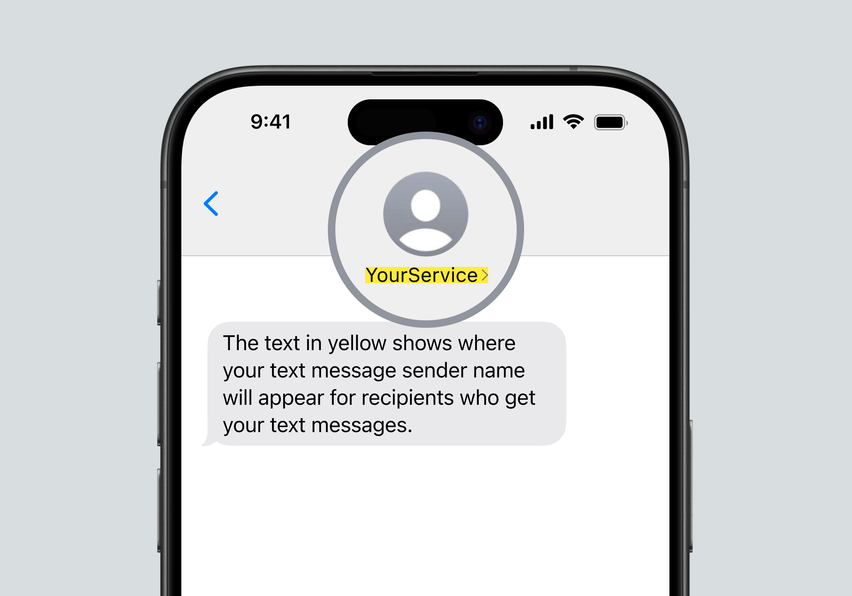 A screenshot of a mobile with a text message that shows where the text message sender name appears to recipients.